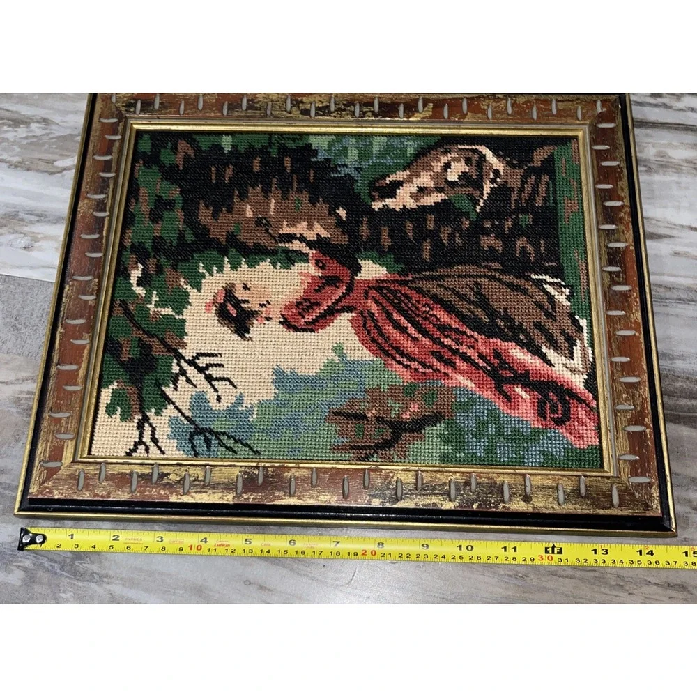 VTG MCM Petit Point Needlecraft gold distressed wood framed picture Girl Tree
